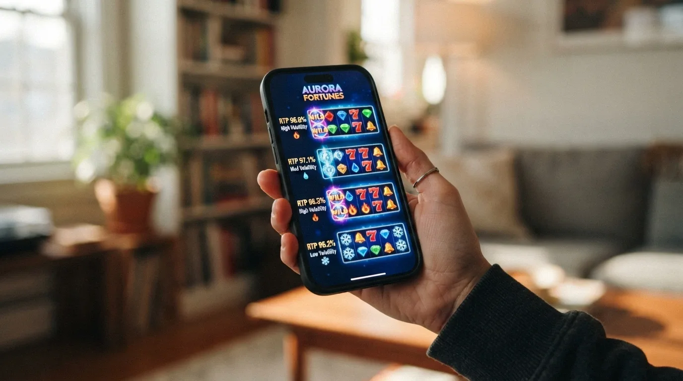 A row of online pokie reels on a smartphone screen with RTP percentages and volatility labels overlaid on each game title