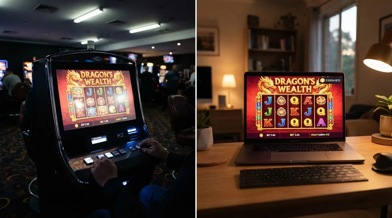 A split visual — on one side a bright LCD pokie screen in a club setting, on the other the same game title on a laptop with a crypto balance overlay