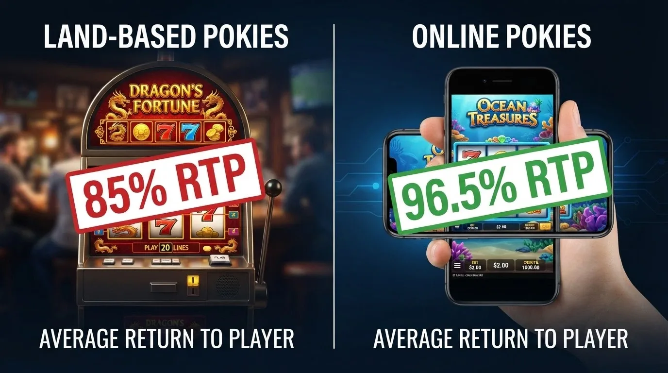 A split-screen visual: on the left a pub pokie machine with “85% RTP” stamped on it, on the right an Android phone showing the same-style pokie with “96.5% RTP” displayed