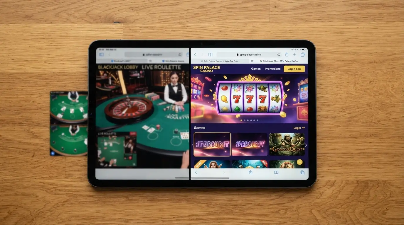 iPad in landscape mode showing multiple casino site tabs open side by side in Safari