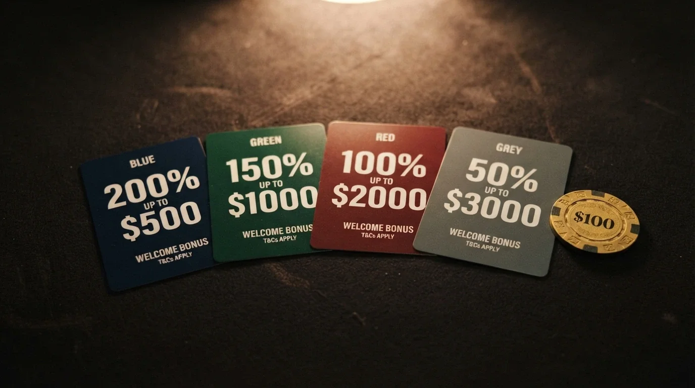 A side-by-side visual comparison of welcome-bonus cards from several Australian-facing casino operators
