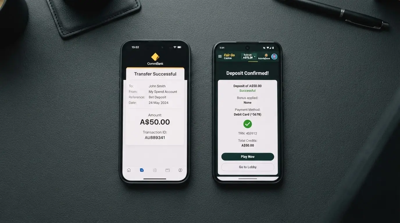 An Android phone screen showing a banking app with a PayID transfer confirmation for $50, timestamped 14:32, beside a casino deposit screen showing the same amount credited at 14:33