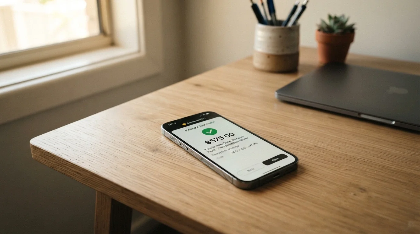 An iPhone screen showing a banking app with a PayID transfer confirmation next to a casino Safari tab open in the background