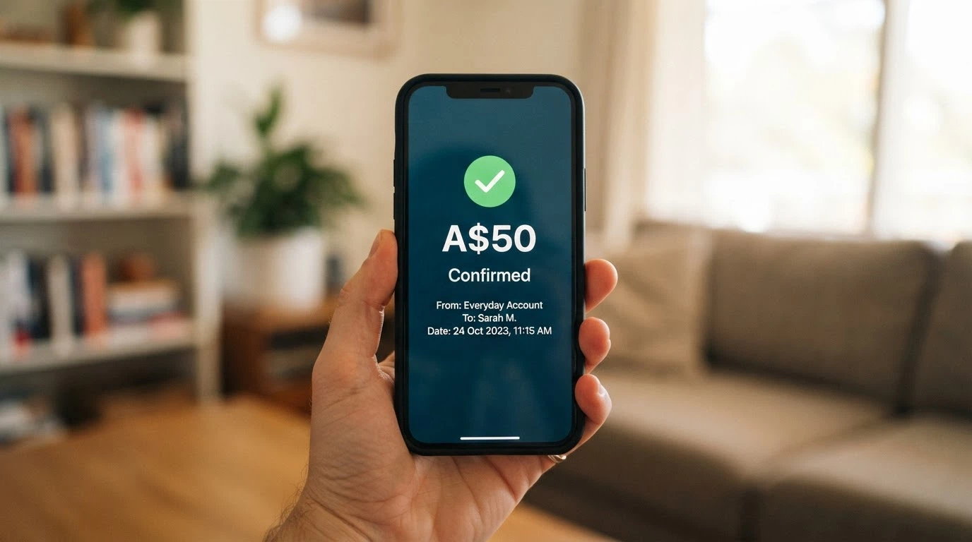 A mobile banking app screen showing a PayID transfer with instant confirmation and zero-fee receipt