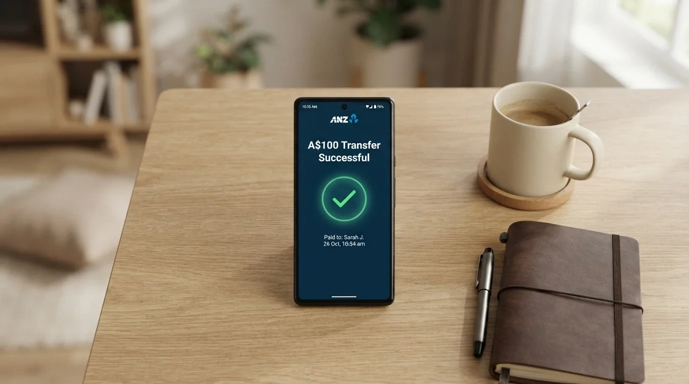 A mobile banking app screen showing a PayID transfer of A$100 with a confirmation timestamp