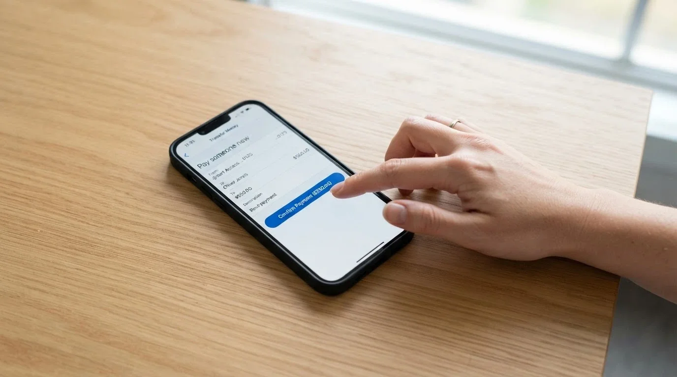 Smartphone banking app showing a PayID transfer interface with an Australian bank logo, displaying a pending transaction under $60