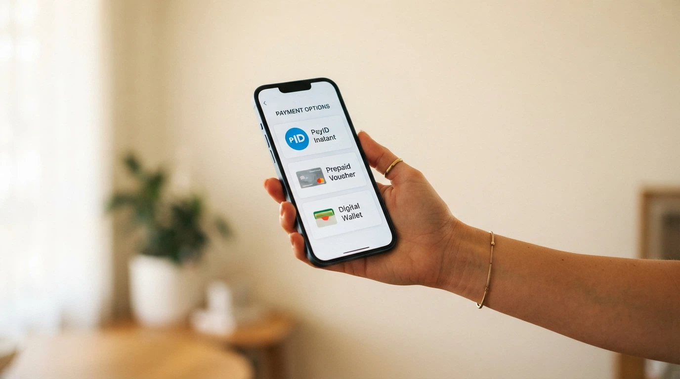 A smartphone screen showing PayID, a Neosurf voucher and a cryptocurrency wallet as three payment options