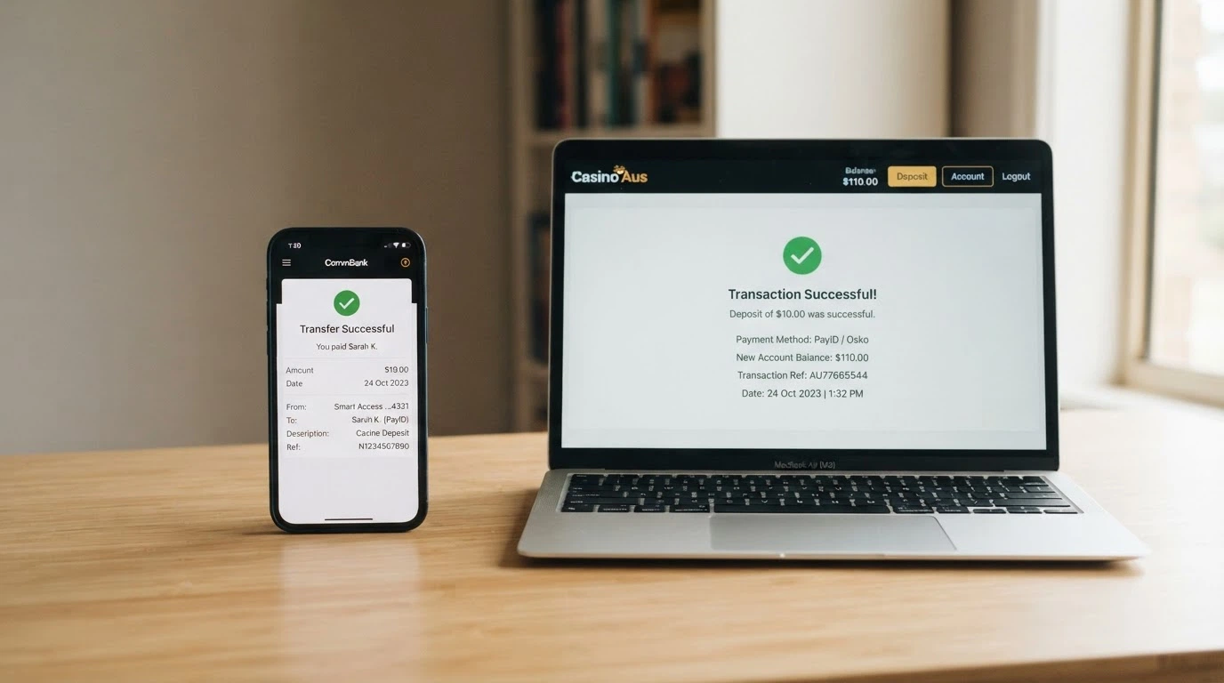 A split view showing a banking app PayID transfer screen beside a casino cashier confirming an instant deposit
