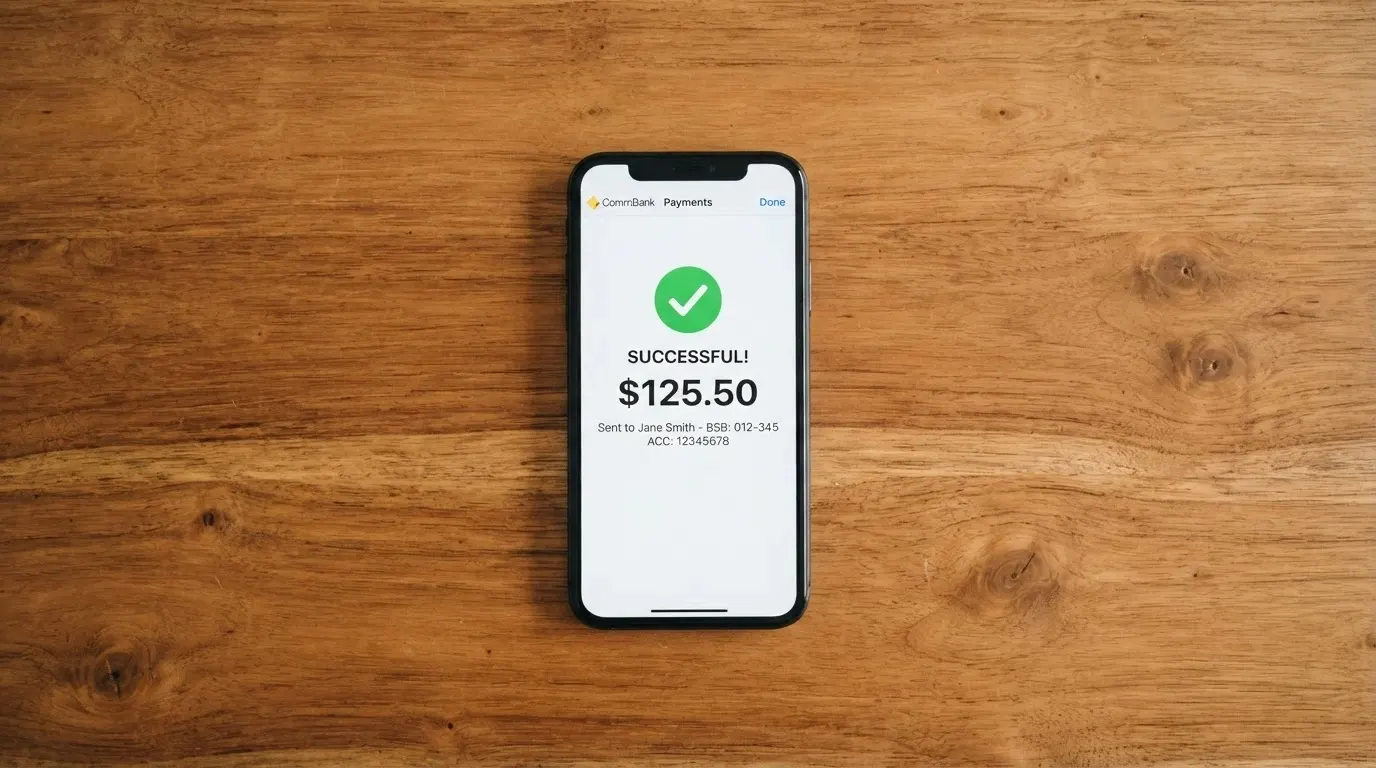 A banking app screen showing a PayID transfer confirmation beside a casino deposit success notification