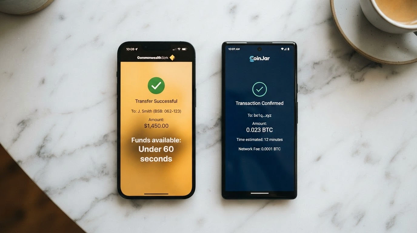 Two payment pathways side by side: a phone showing a PayID transfer under 60 seconds, and a crypto wallet showing a Bitcoin transfer confirmation at 12 minutes