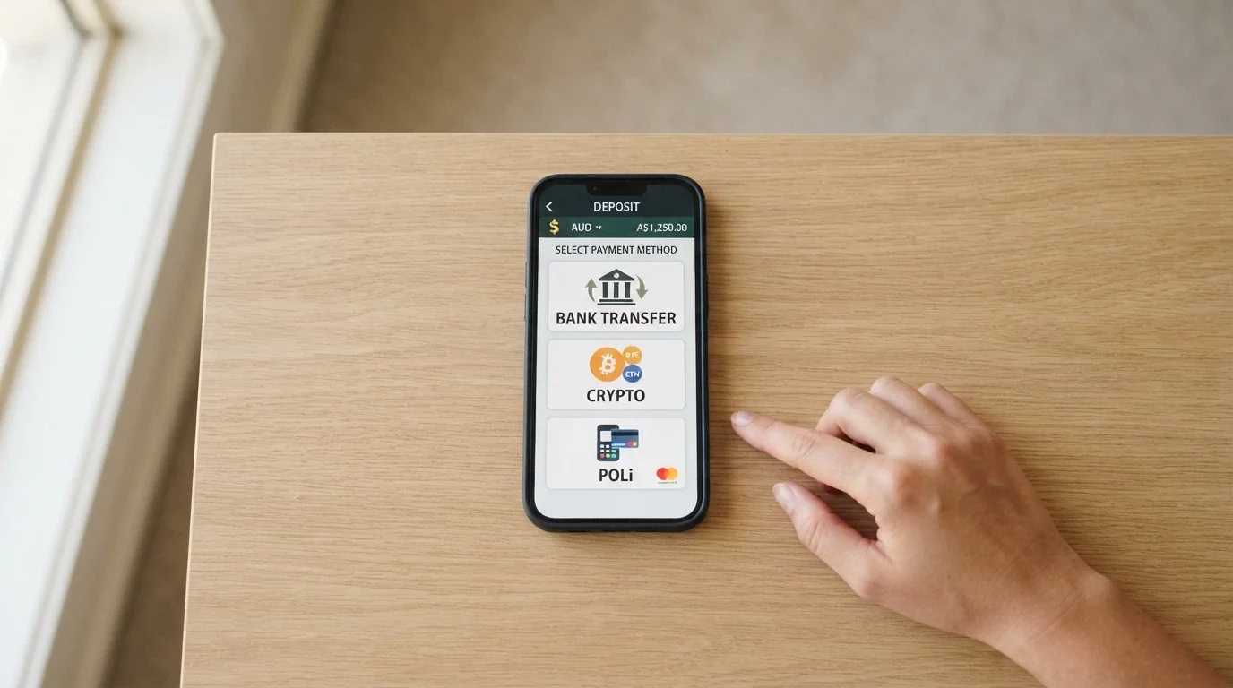 A smartphone screen displaying an online casino cashier with PayID, Bitcoin and bank transfer deposit options listed.
