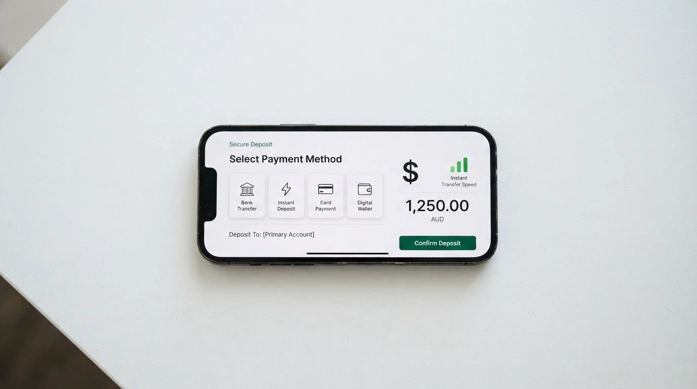 A smartphone displaying a deposit screen with multiple payment-method icons — PayID, crypto wallet, POLi, card — with Australian dollar symbols and speed indicators beside each