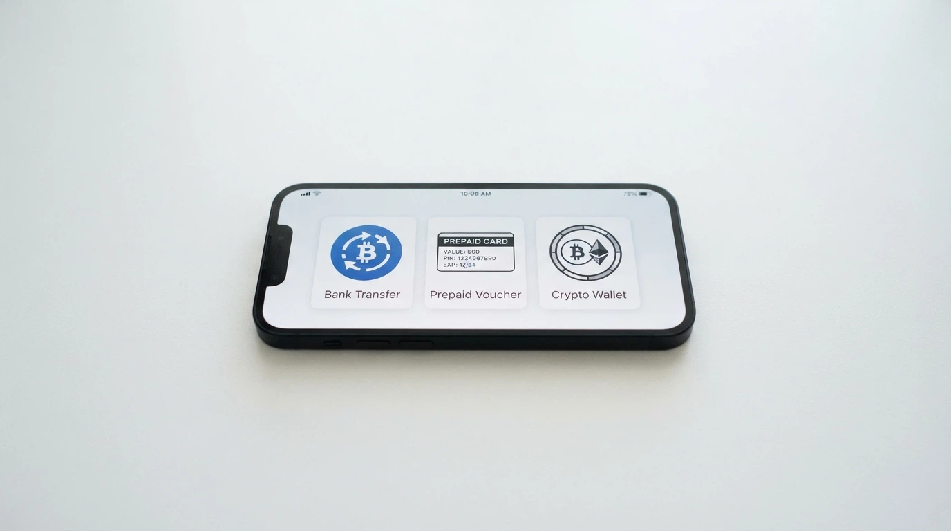 A smartphone screen showing PayID, a Neosurf voucher and a crypto wallet app icon side by side
