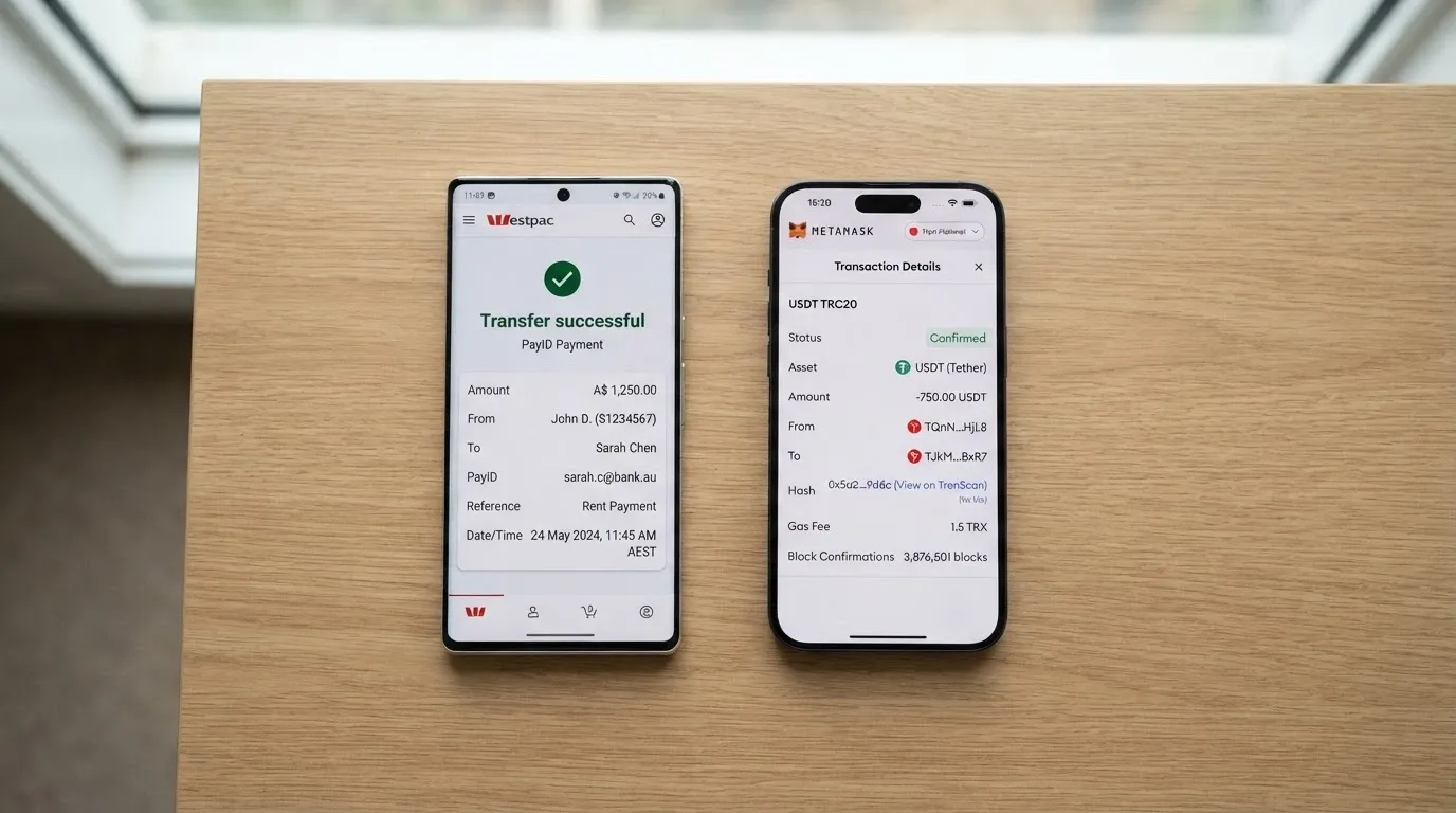 A mobile banking app showing a PayID transfer confirmation with a timestamp beside a crypto wallet displaying a USDT TRC20 transaction with block confirmations