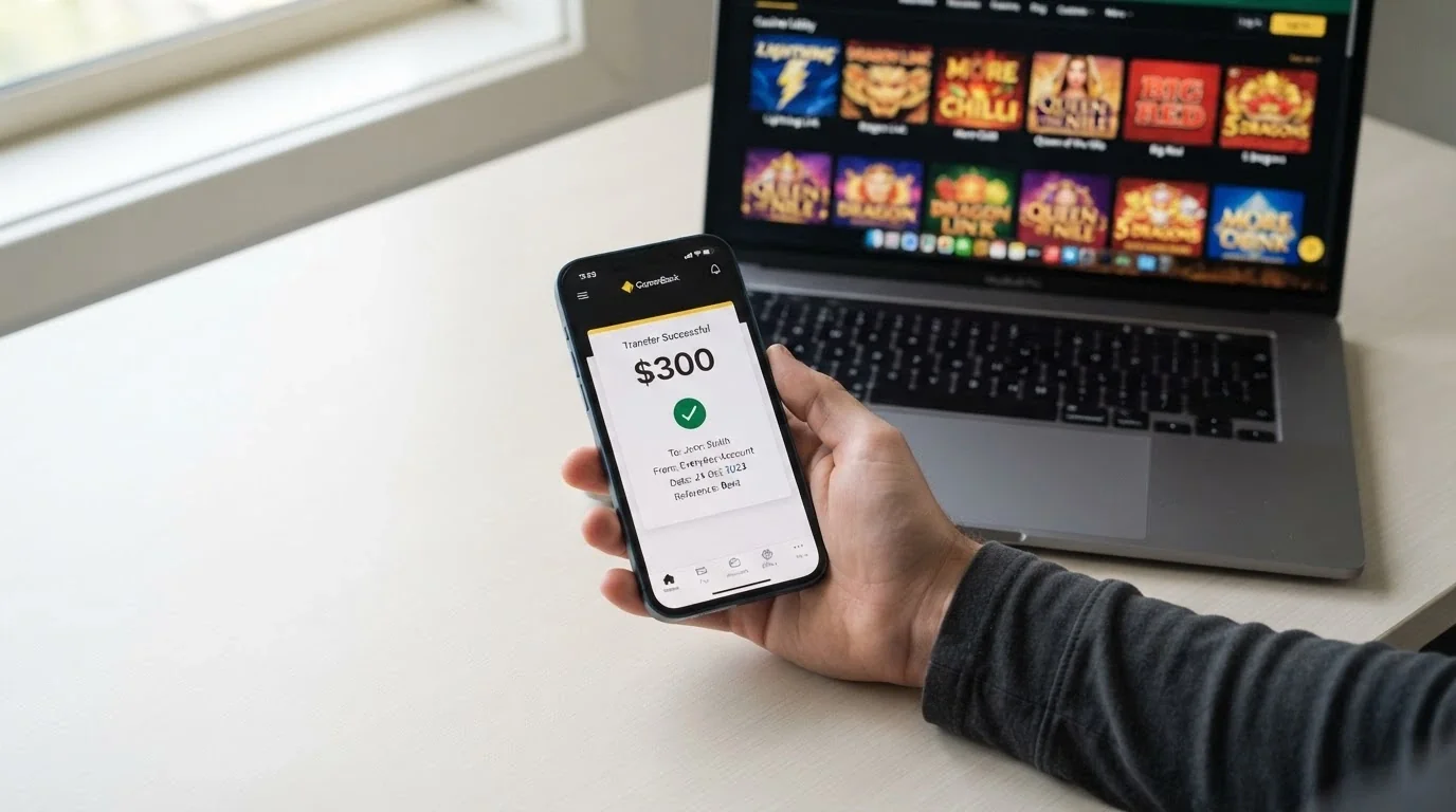 A smartphone showing a banking-app screen with the PayID logo and a pending $300 transfer, with a pokies lobby visible on a laptop screen in the background