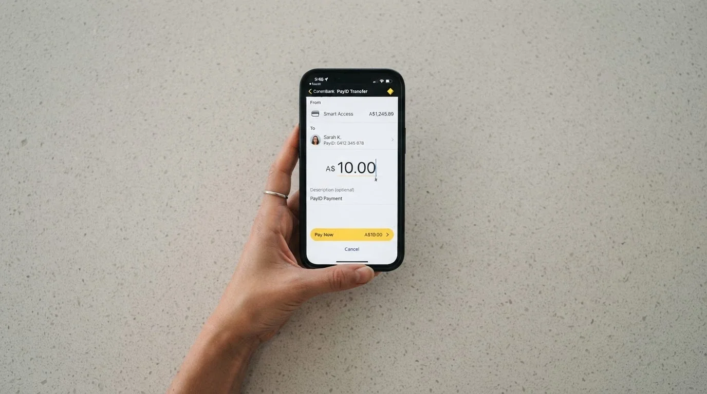 A hand holding a smartphone showing the PayID payment screen within a banking app, with the payee field visible and the amount set to A$10.00