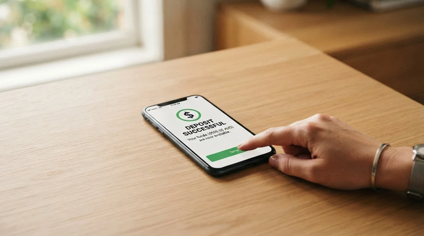 A smartphone screen showing a PayID deposit flow with an Osko payment confirmation, a bonus-claimed tick and Australian dollar amounts