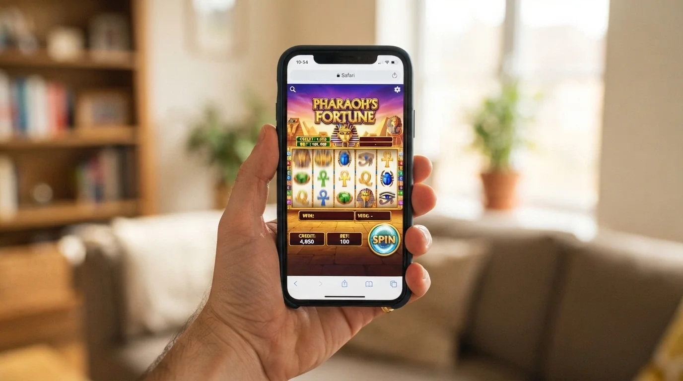 A hand holding a smartphone with a casino game loading in a mobile browser