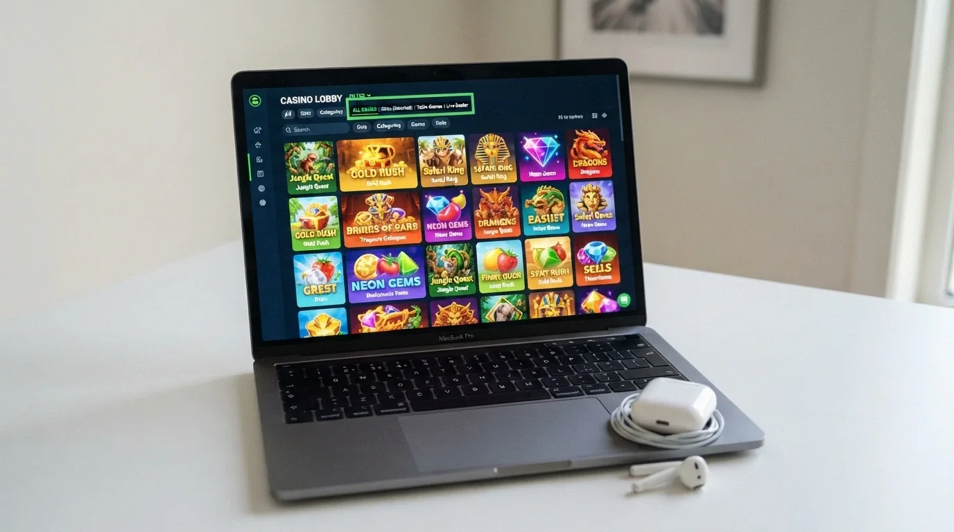 A casino game lobby showing a grid of colourful online pokie titles with a filter set to highest-RTP-first