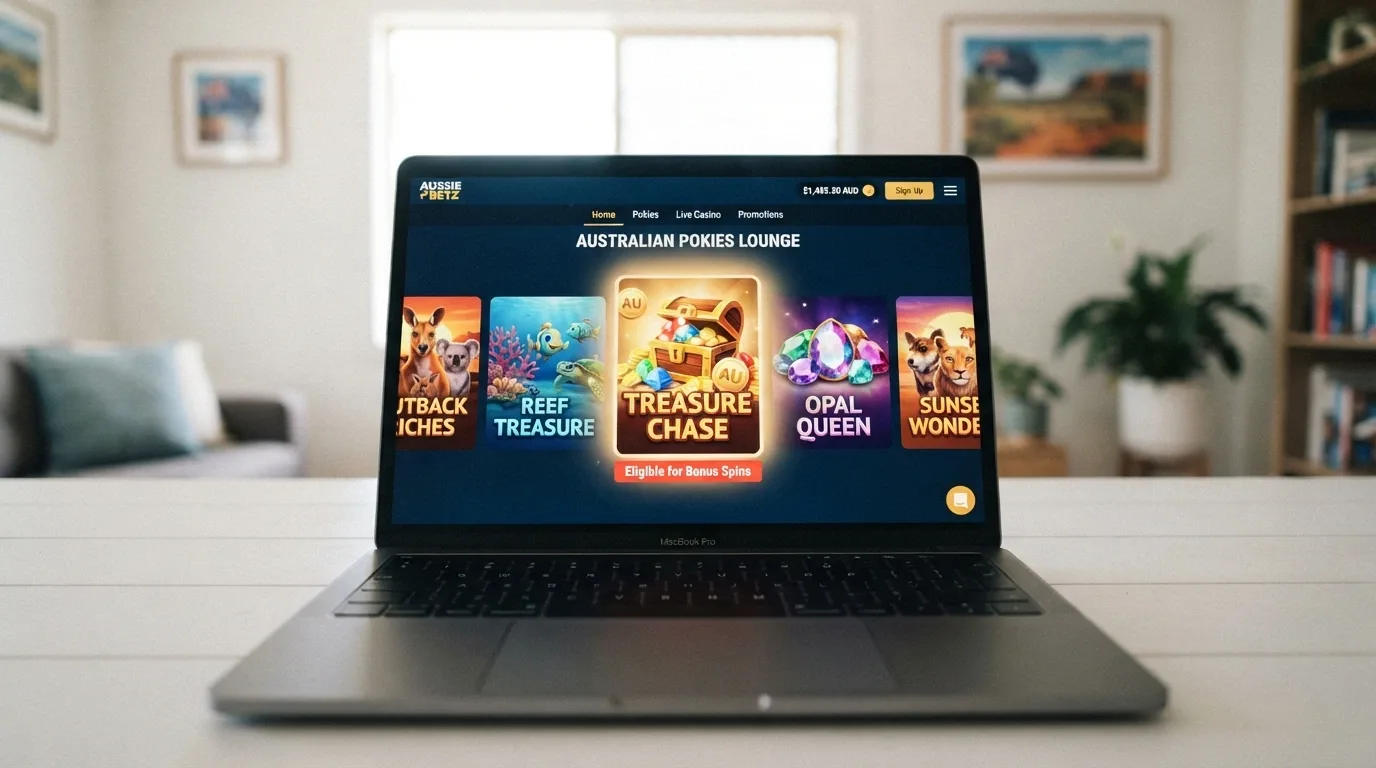 A row of pokie thumbnails with one highlighted and labelled “Eligible for Bonus Spins”