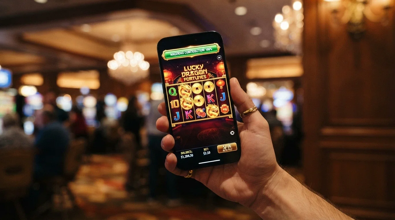 A pokies game screen with a wagering-contribution indicator showing 100% weighting for slots