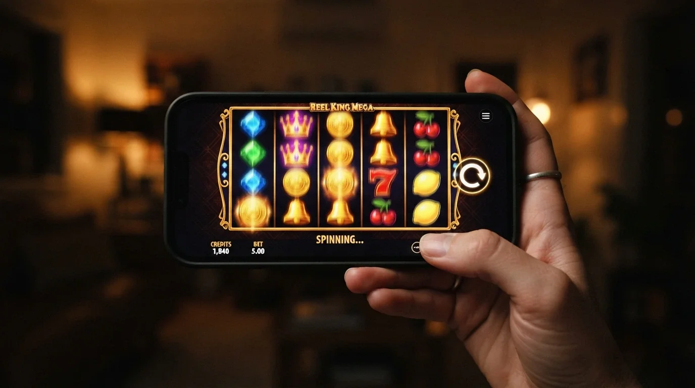 A close-up of spinning pokie reels on an iPhone screen, with the game interface filling the display in landscape orientation