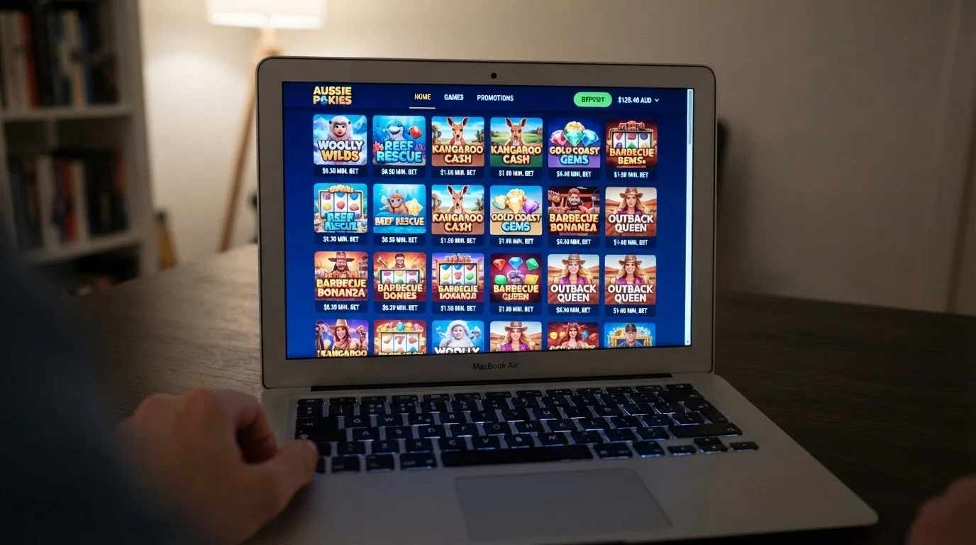 A row of colourful online pokies game tiles on a casino lobby screen, with minimum stake labels visible beneath each title