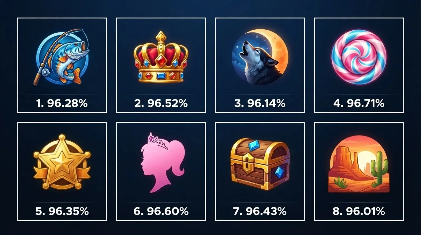 A grid of colourful slot game icons including Big Bass Splash, Gates of Olympus and Sweet Bonanza