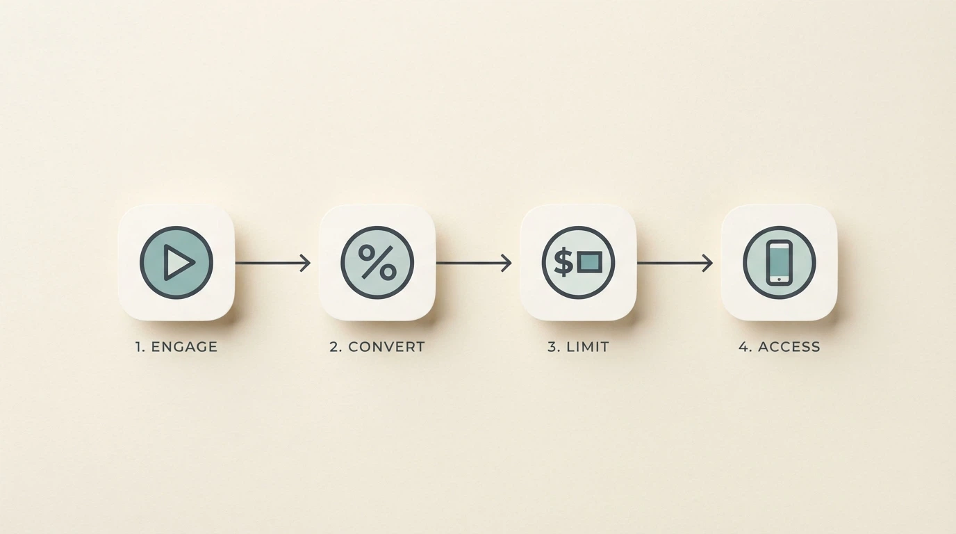 A clean decision-flow visual: demo-play icon → RTP-check icon → loss-limit icon → helpline icon, arranged left to right on a calm, professional background