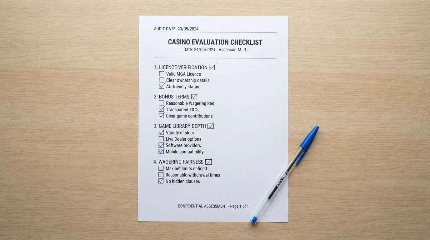 A checklist and evaluation framework showing licence verification, bonus-term review and game-library assessment criteria