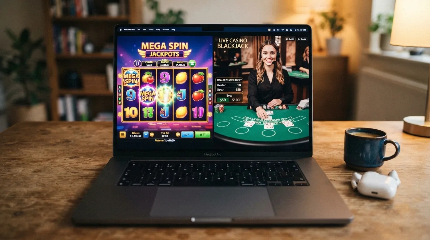 A colourful grid of online pokie reels alongside a live-dealer blackjack table viewed through a laptop screen