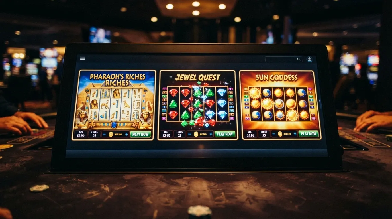 A collage of pokies title-card graphics for Book of Pyramids, Sparkling Fortunes and Queen of the Sun — the three titles named in the featured set's free-spin offers