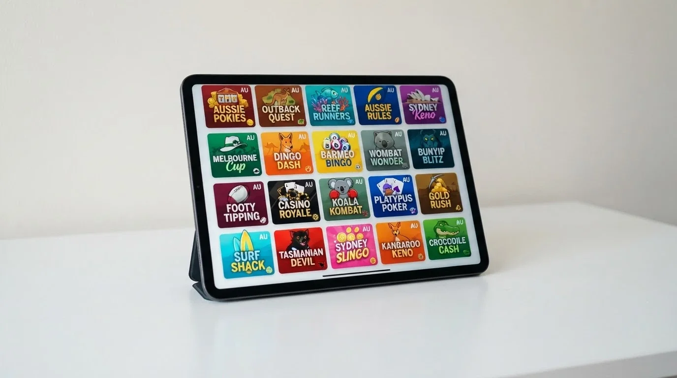 A grid of colourful online pokies title cards showing different themes and jackpot amounts