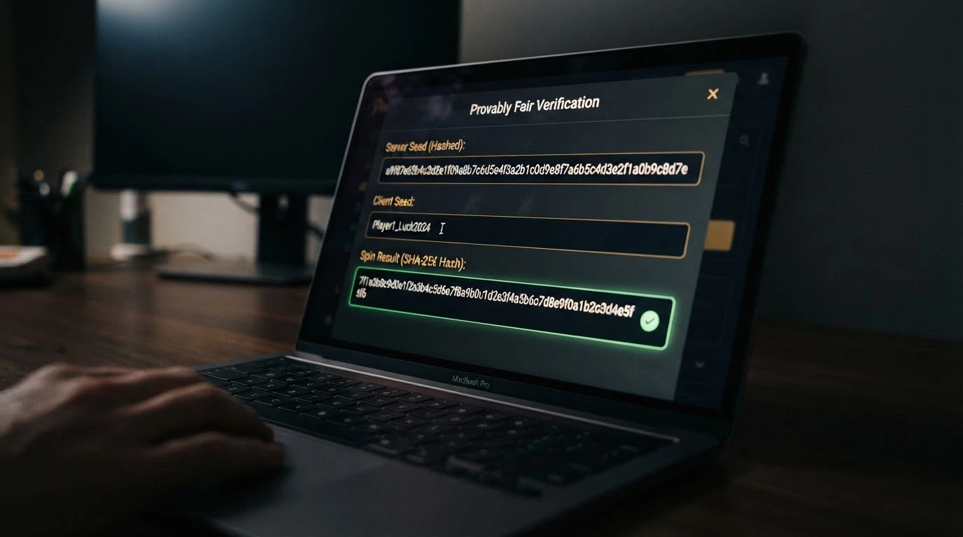 A close-up of a provably fair verification panel on a casino screen, showing the server seed hash, client seed input field and the spin-result hash the player can independently check