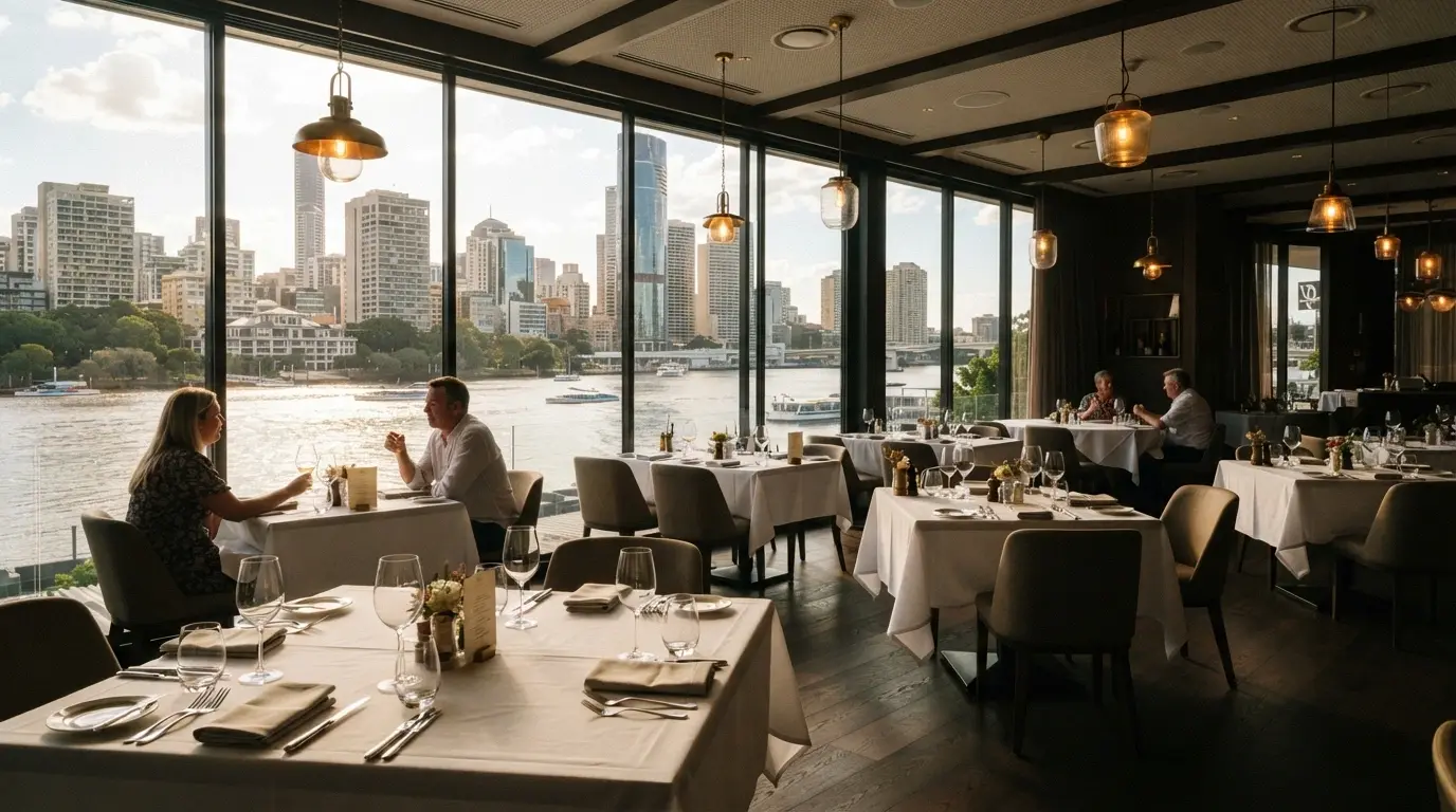 A fine-dining restaurant interior at Queen's Wharf with river views through floor-to-ceiling windows