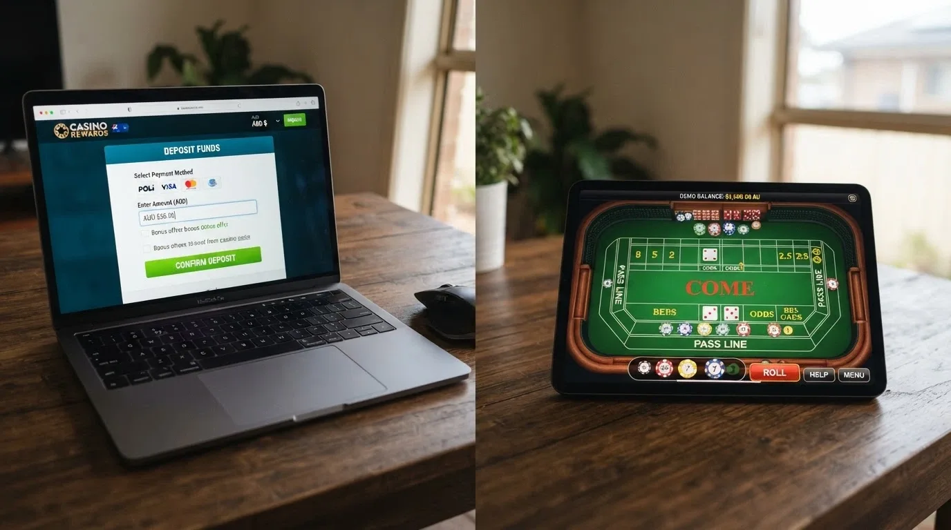 A split-screen comparison: one side shows a casino cashier deposit screen in AUD, the other shows a free-play craps table with a demo balance