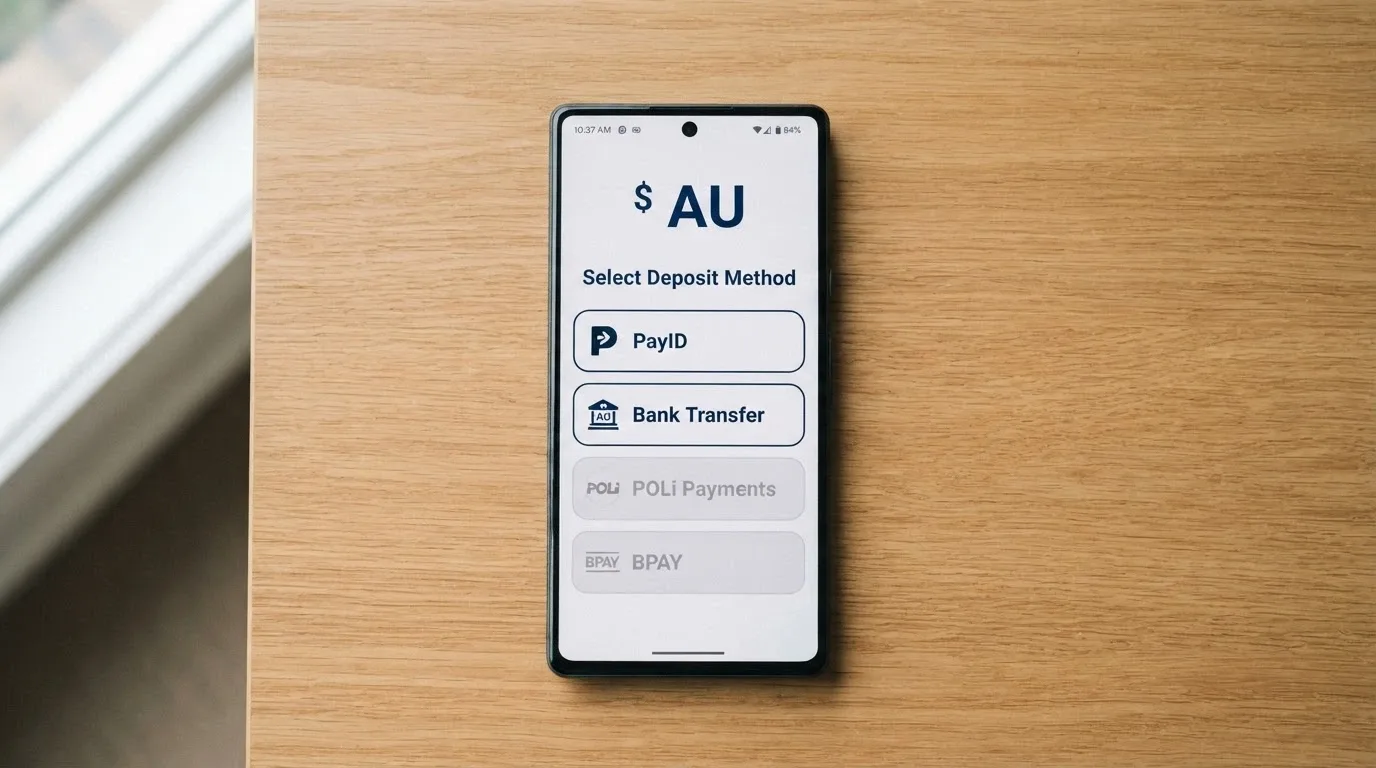 A deposit screen showing PayID and bank transfer as payment options alongside greyed-out credit-card and crypto fields
