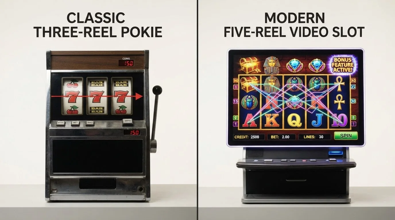 A split-screen visual comparing a classic 3-reel pokie on the left against a feature-rich 5-reel title on the right
