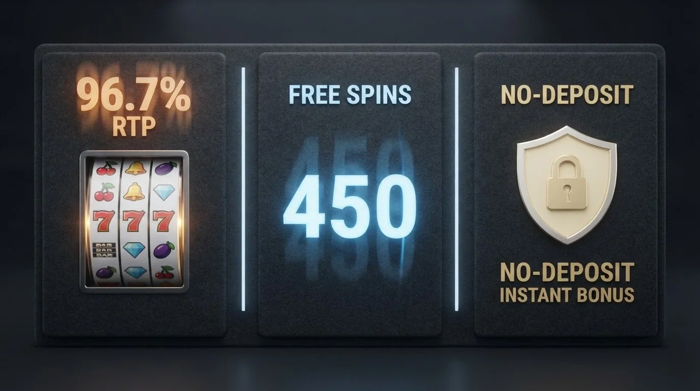 Three columns side by side — a pokies reel with a percentage overlay, a free-spin counter ticking up, and a no-deposit badge with a lock icon — against a muted background