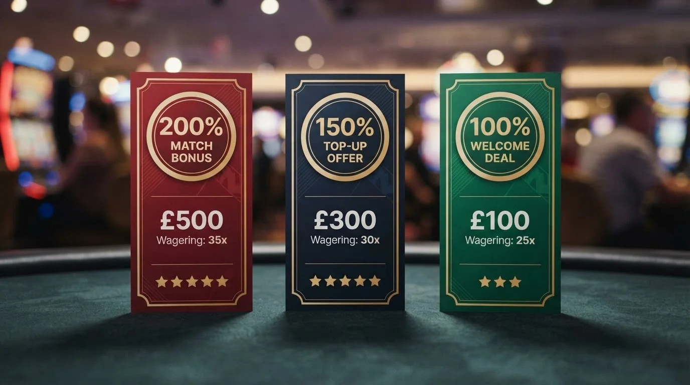 A stylised comparison layout showing operator cards with percentage badges, wagering figures and star indicators against a dark casino backdrop
