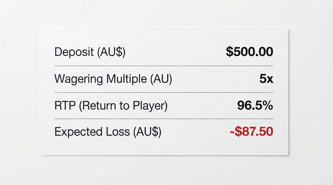 A clean calculator-style visual showing a deposit figure, a wagering multiple, an RTP percentage and an expected-loss output, with Australian dollar symbols