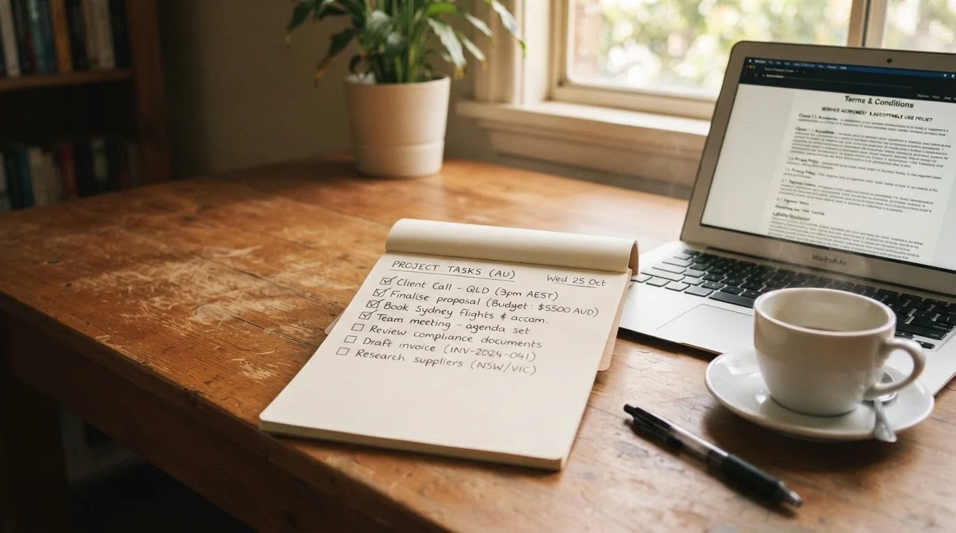 A notepad with a handwritten decision checklist beside a laptop showing a casino terms page, with a cup of coffee in the frame
