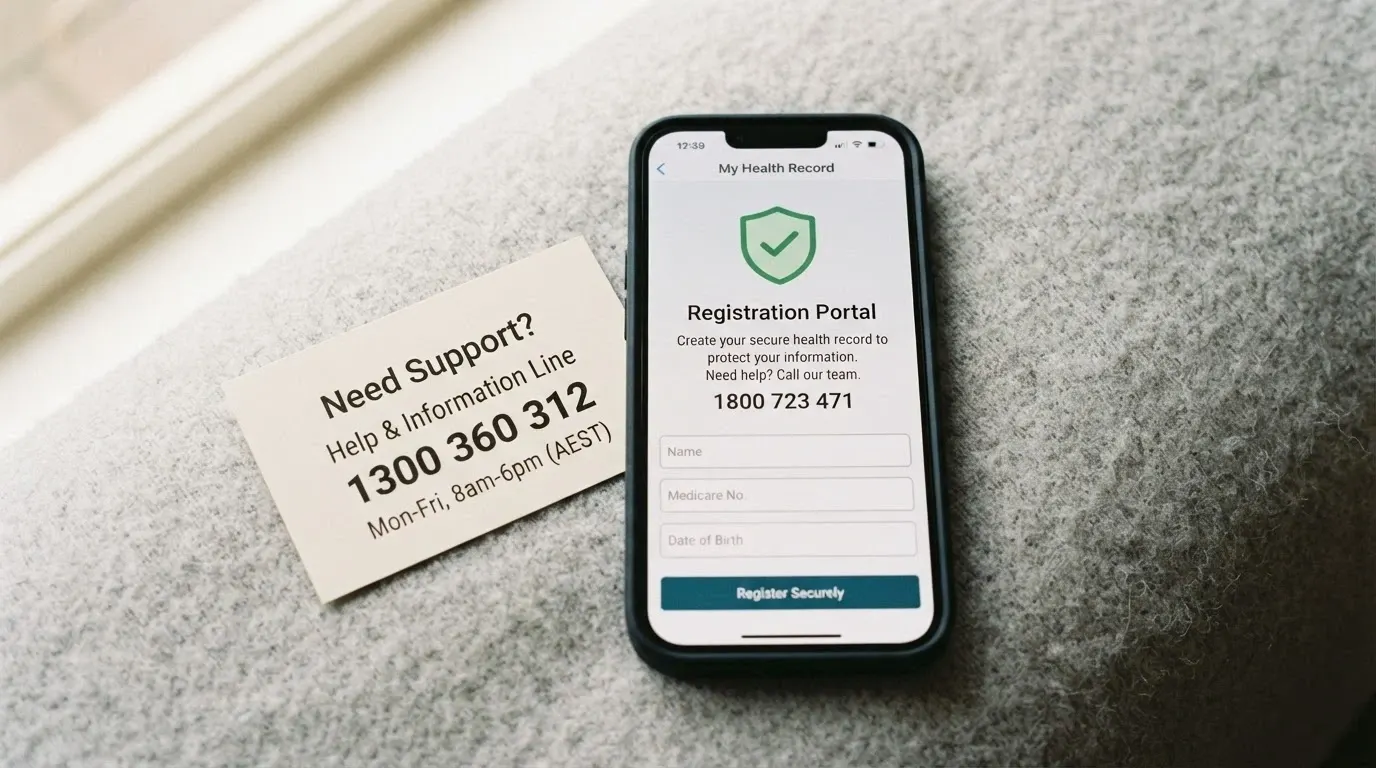 A BetStop registration screen on a phone beside a National Gambling Helpline card showing 1800 858 858