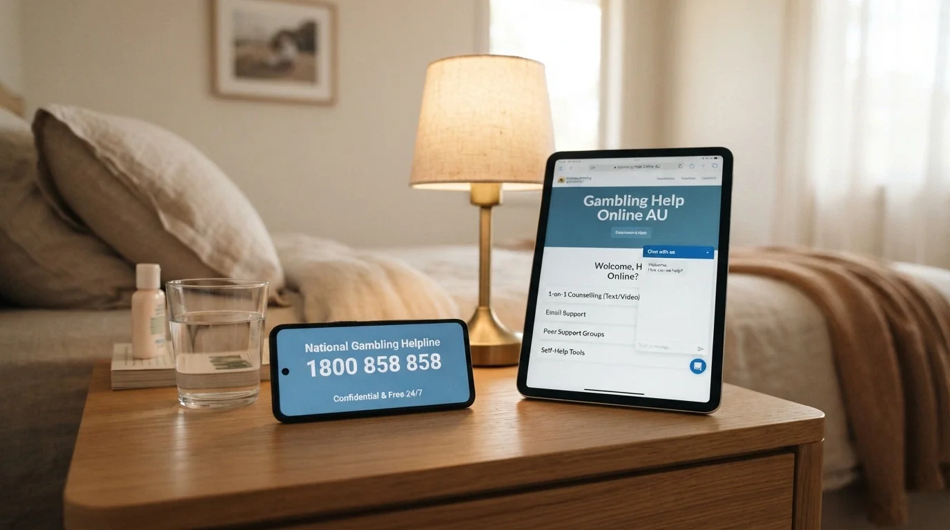 A phone displaying the National Gambling Helpline number 1800 858 858 on screen beside a Gambling Help Online web page