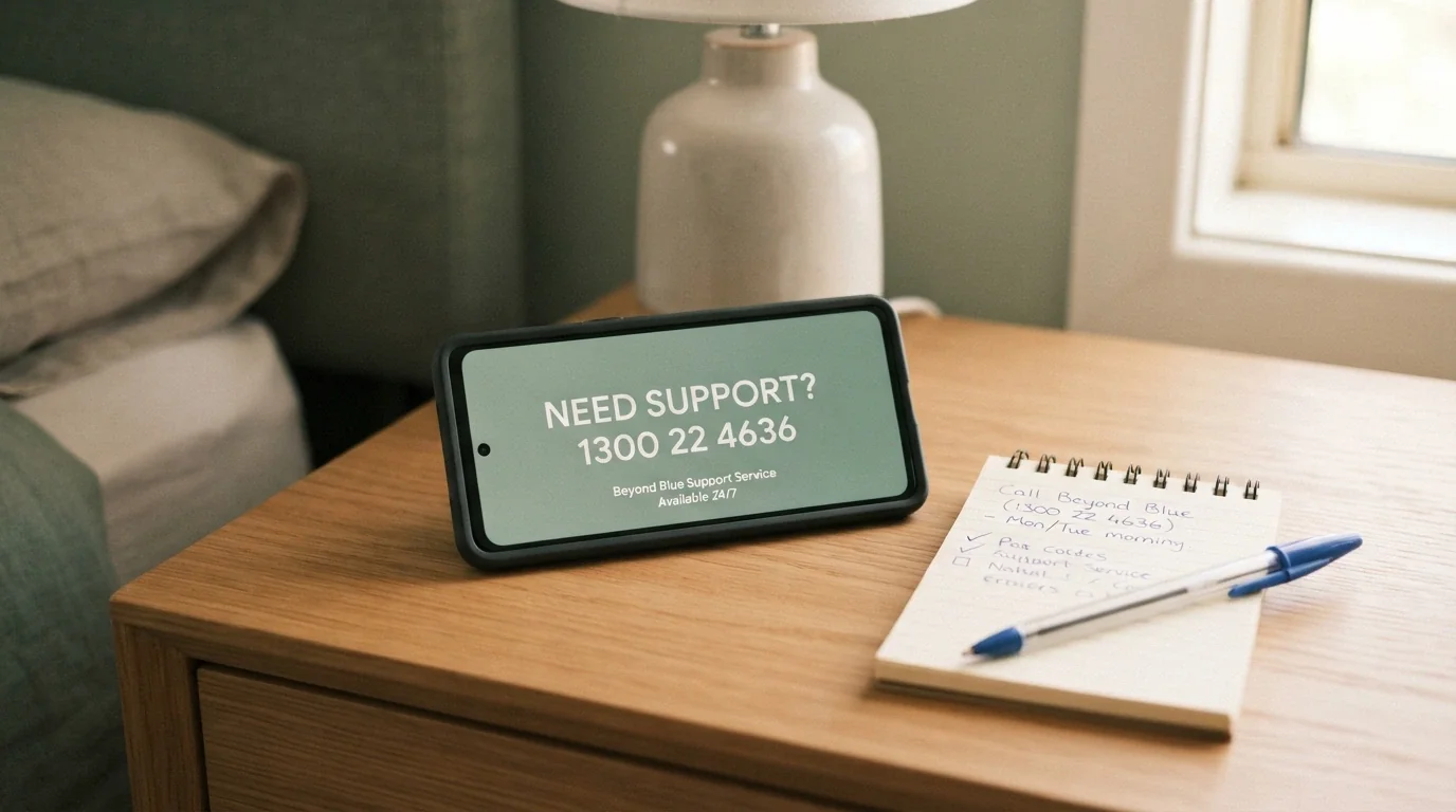 A telephone handset resting beside a notepad with a helpline number written on it, against a calm muted-green background