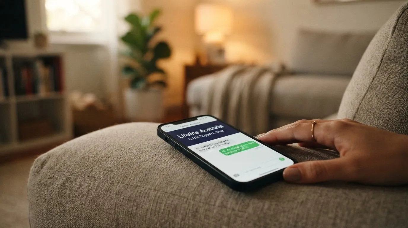 Phone screen showing the Gambling Help Online chat interface and the 1800 858 858 helpline number
