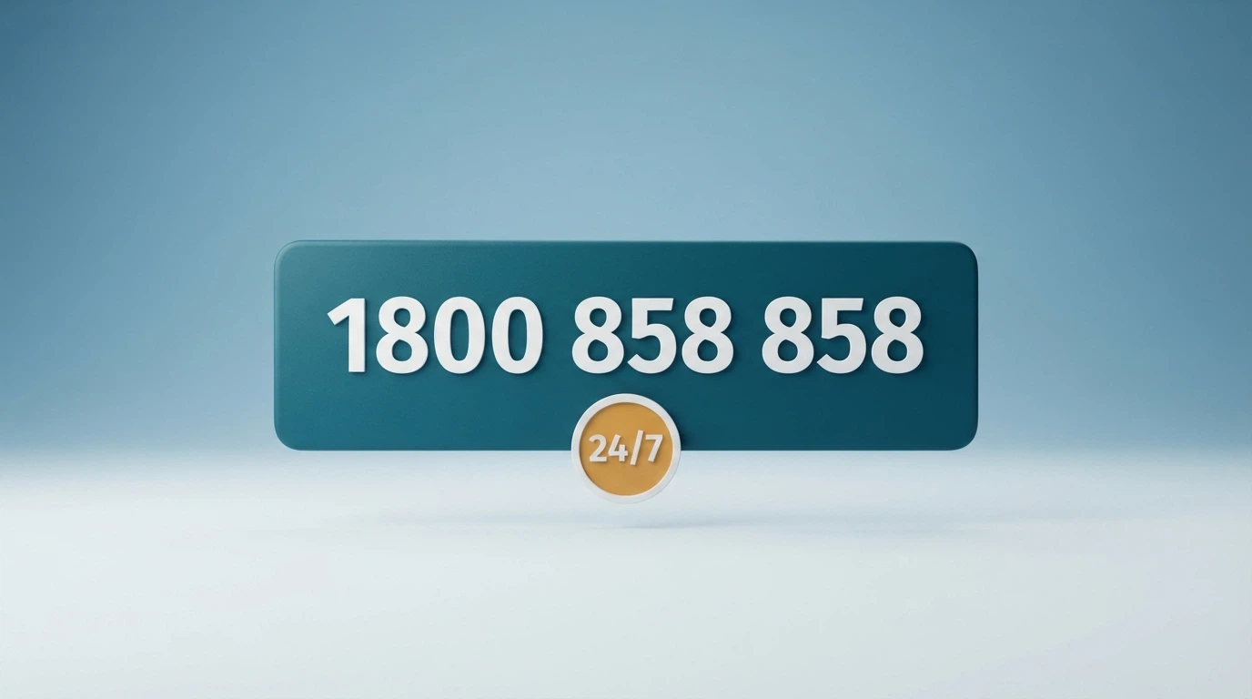 A support helpline graphic with the number 1800 858 858 and the 24/7 availability badge