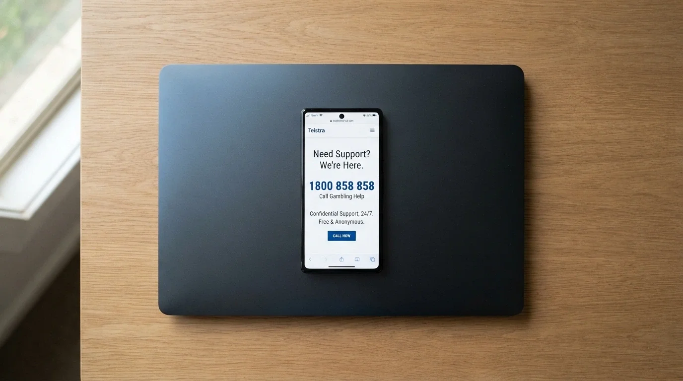 A smartphone showing the Gambling Help Online homepage with the 1800 858 858 number prominent, resting on a closed laptop