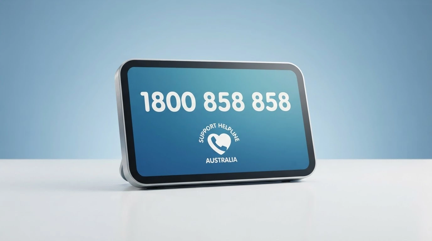 A support-screen graphic showing the National Gambling Helpline number 1800 858 858 and Gambling Help Online logo