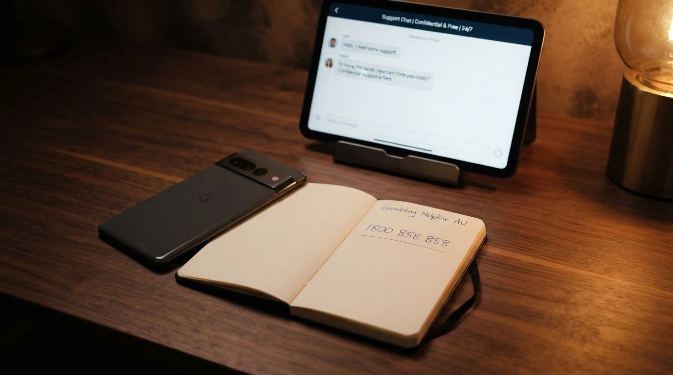 A phone handset on a desk beside a notebook with “1800 858 858” written on it, the Gambling Help Online logo visible on a screen behind